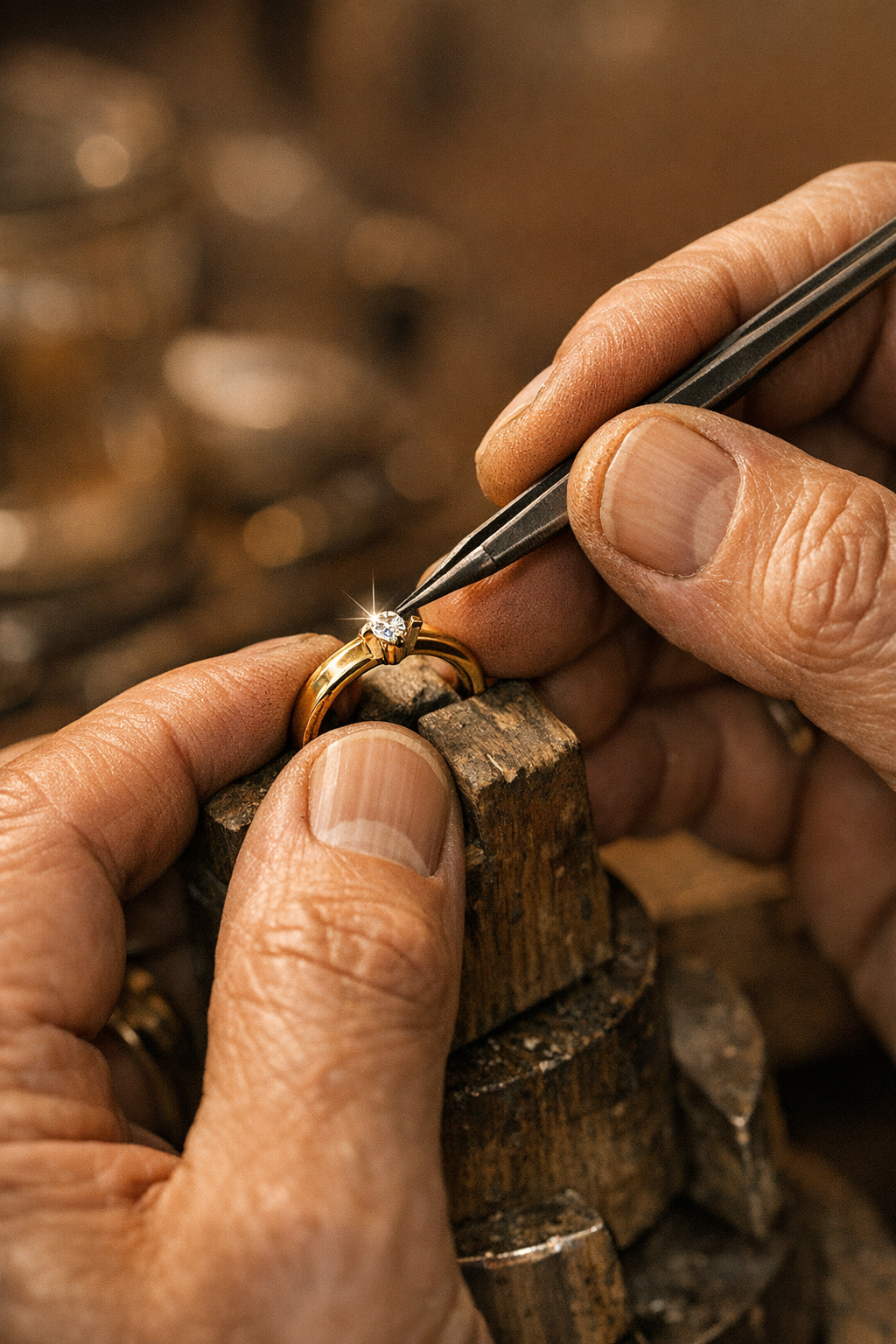 Hands of a jeweller setting a diamond into a gold ring