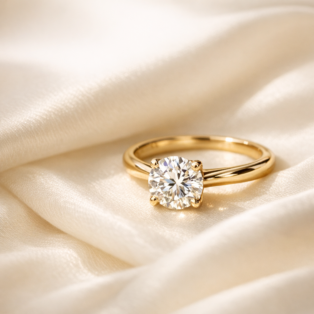 A gold solitaire diamond ring on ivory silk
